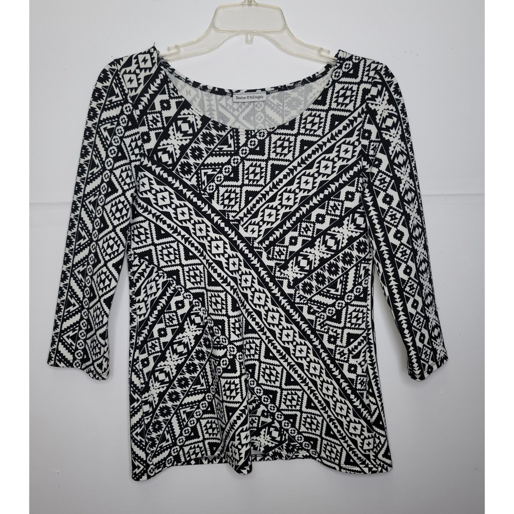 Bleeker & McDougal Top Womens PS Black White Tribal Geometric‎ 3/4 Sleeve Office